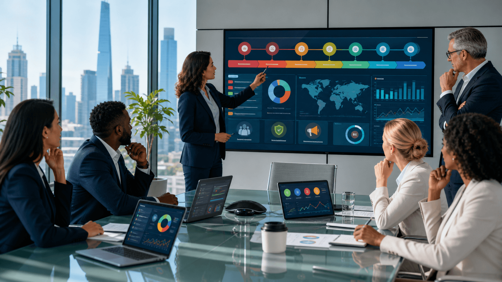 Blue-toned office scene with a suited person holding a tablet, overlaid with charts and a warning triangle icon.