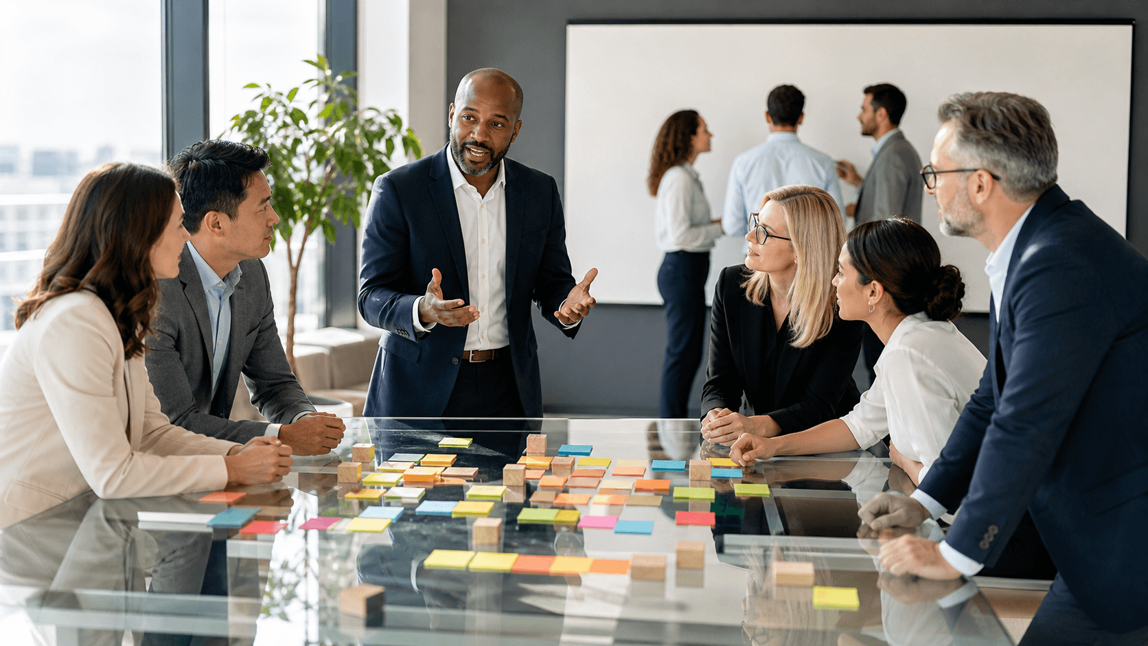 Smiling diverse coworkers in a bright office, standing around a table with laptops and colorful charts.