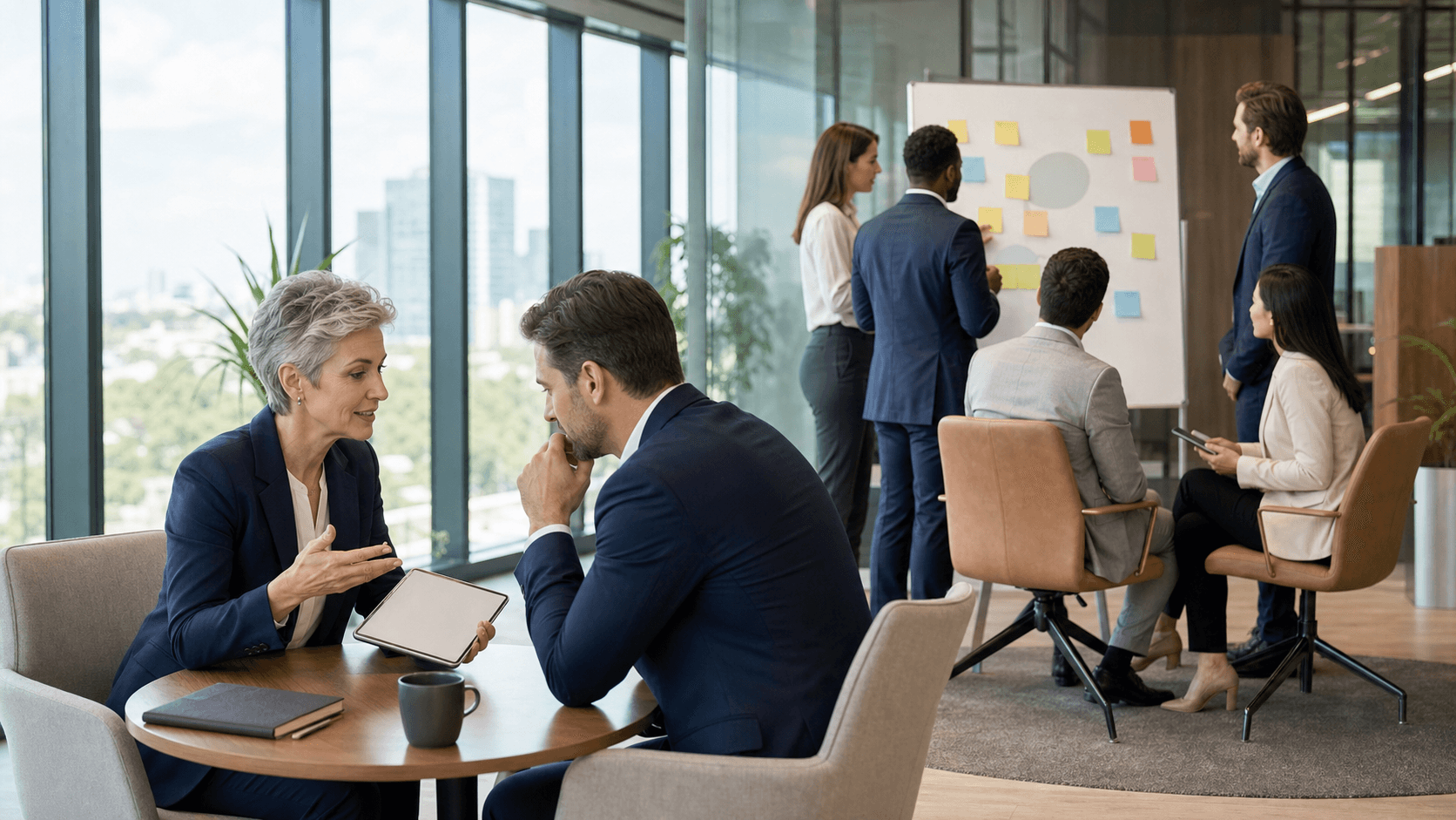 Split-screen illustration of a suited mentor coaching a leader on the left and a classroom training scene on the right.