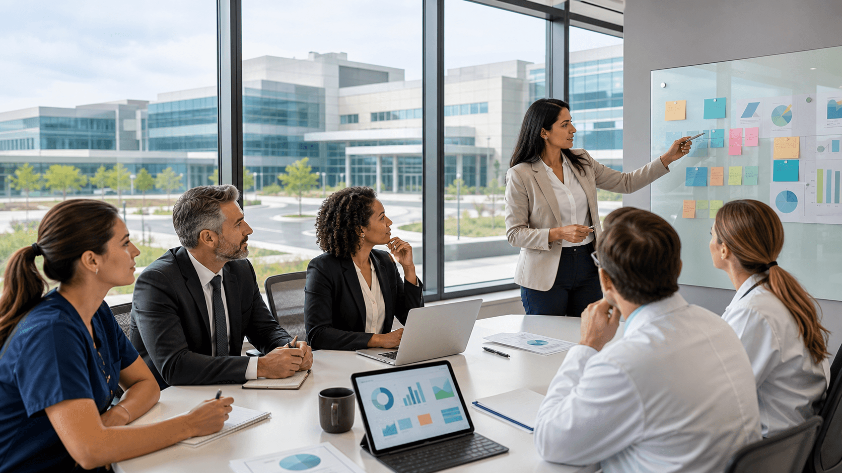 Doctor and businesspeople reviewing charts on a tablet in a bright modern office, blue accents and soft light.