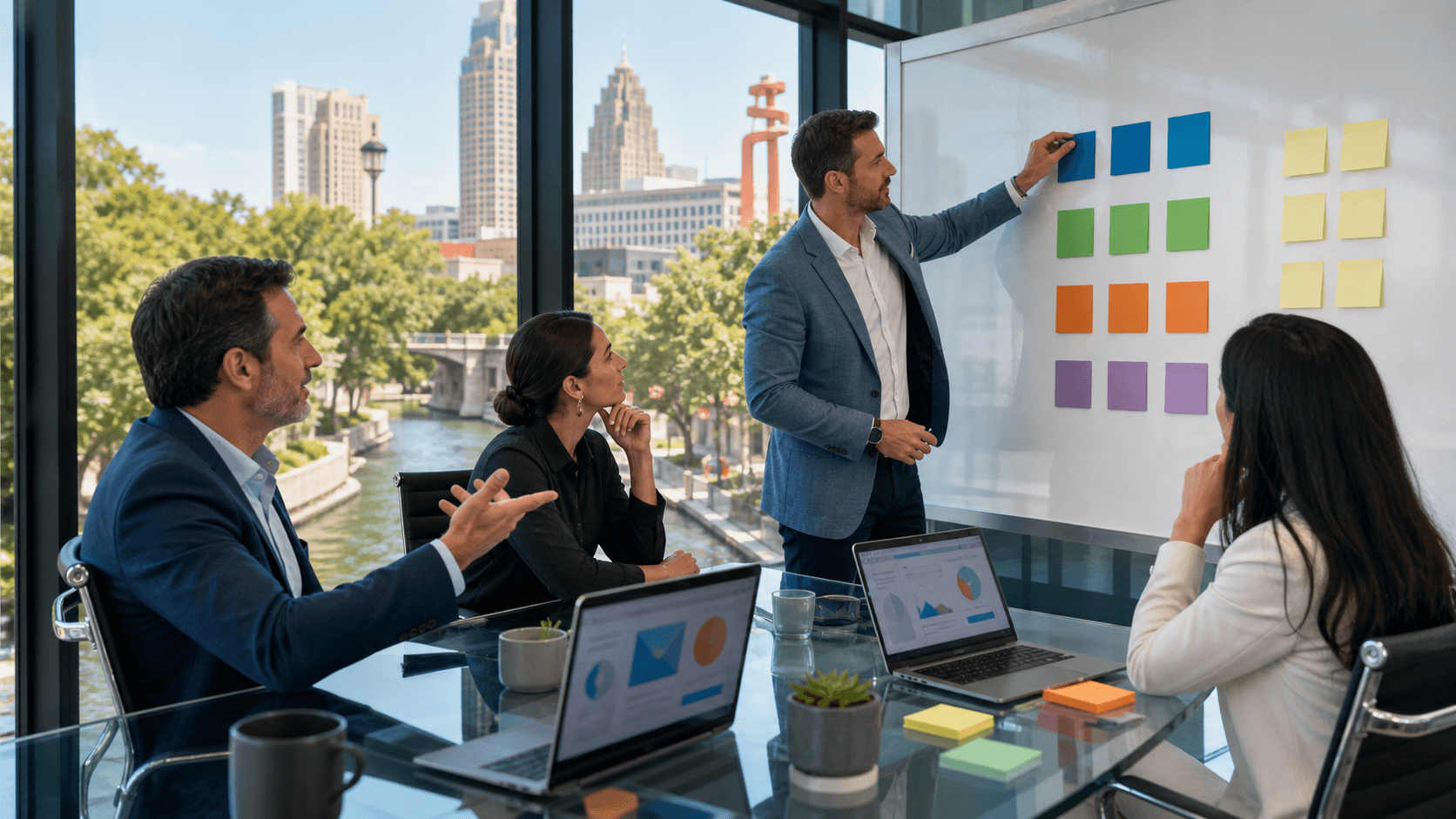 Modern office desk with laptop and colorful sticky notes arranged in a priority grid under warm window light