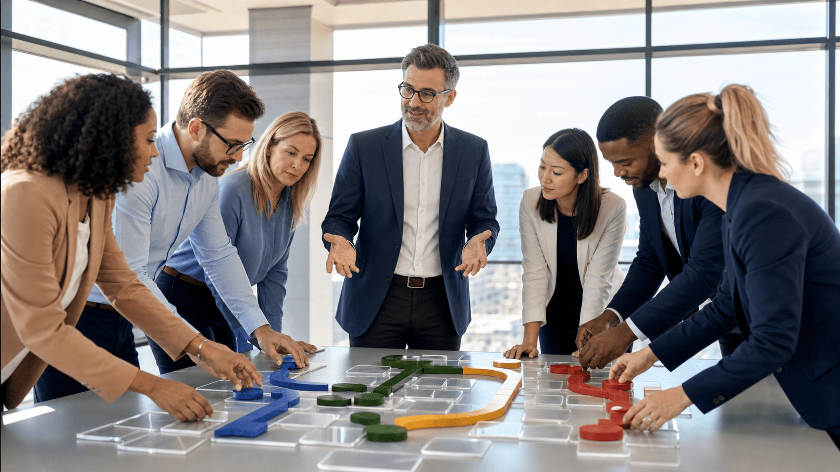 Diverse coworkers in a bright office collaborate around a whiteboard with colorful flow arrows and sticky notes.