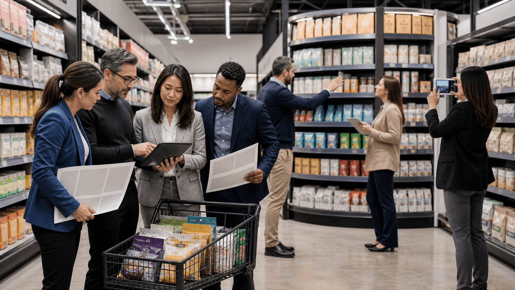 Modern grocery store aisle with neatly stocked shelves, a consultant holding a clipboard under bright lighting
