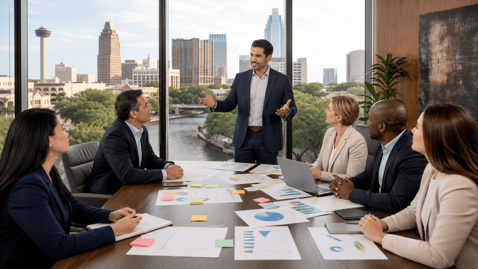 Business consultant reviewing charts on a laptop at a modern desk, warm light with a blurred city skyline backdrop