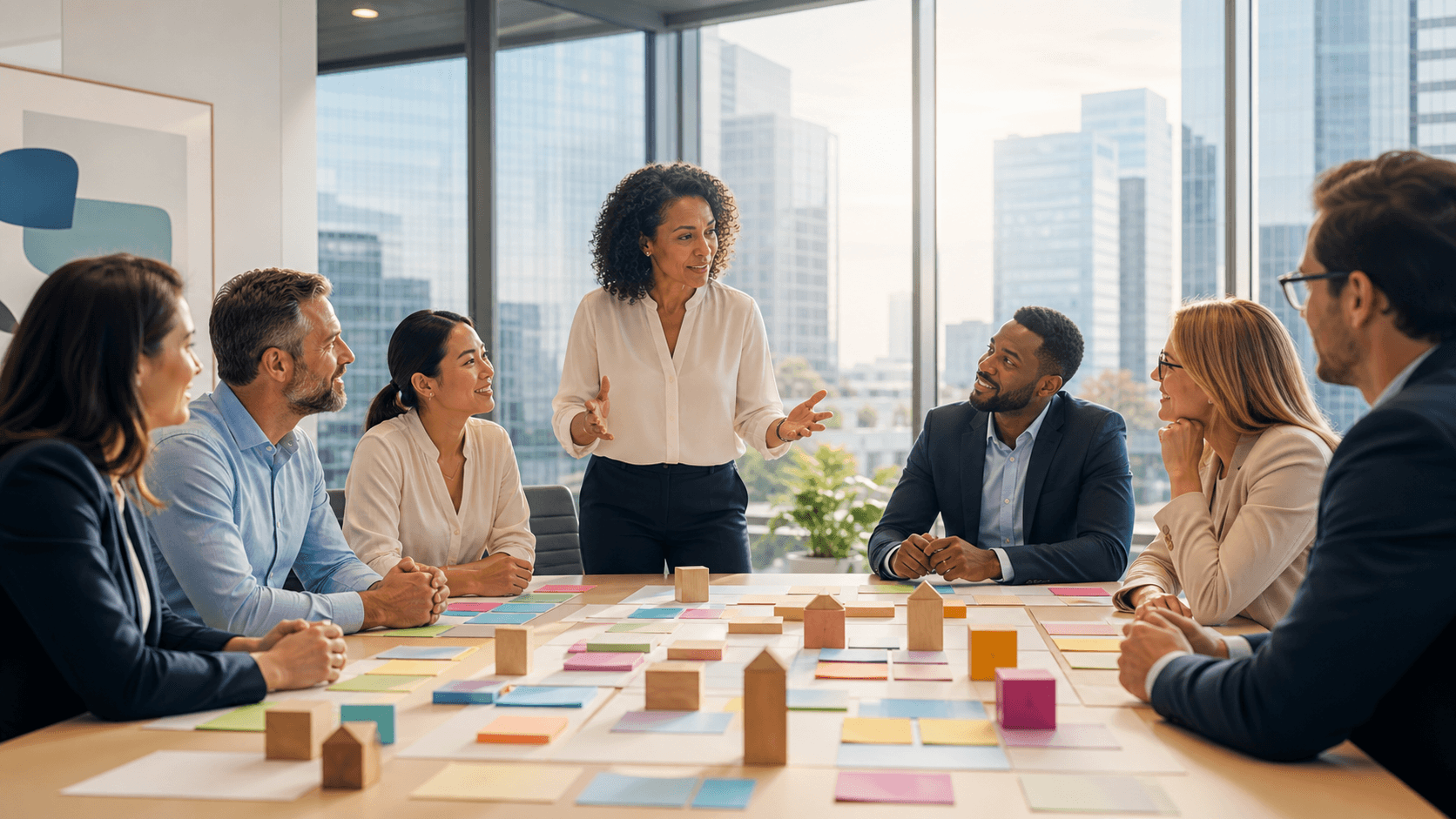 Businesspeople collaborating at a meeting table, warm lighting with blue accents and upward arrow graphic in background