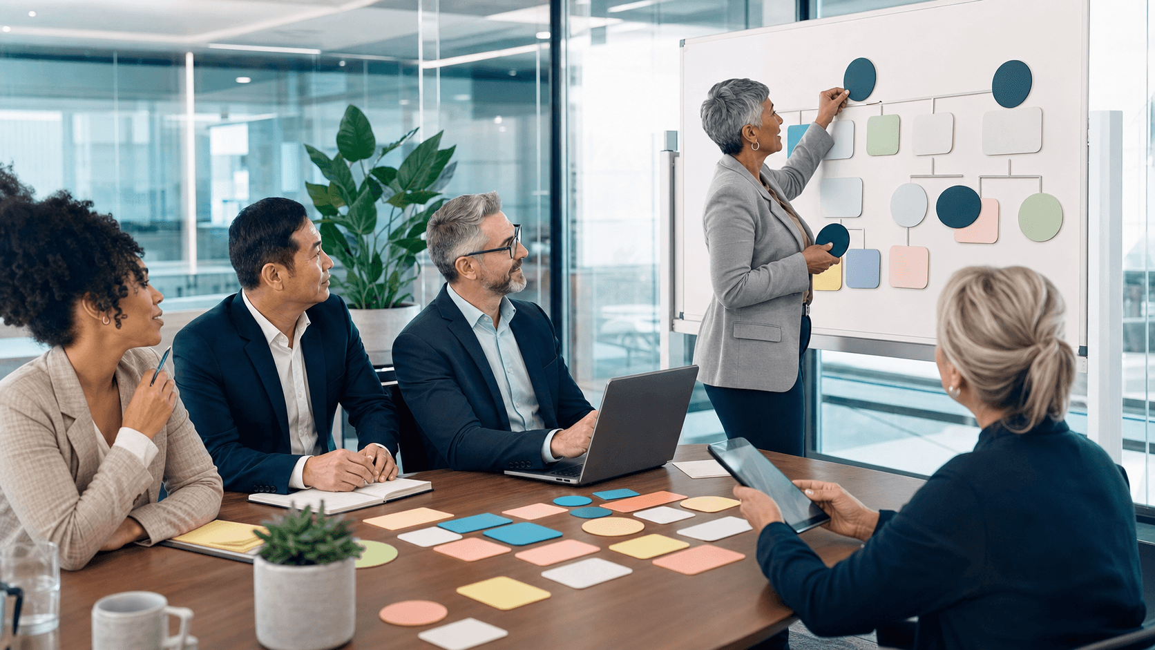 Abstract office scene with diverse people icons linked by lines over a blue gradient background, flat vector style