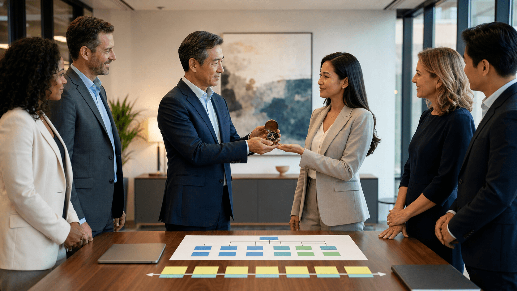 Blue-toned office scene with a chessboard, king piece in focus, and blurred team silhouettes in the background